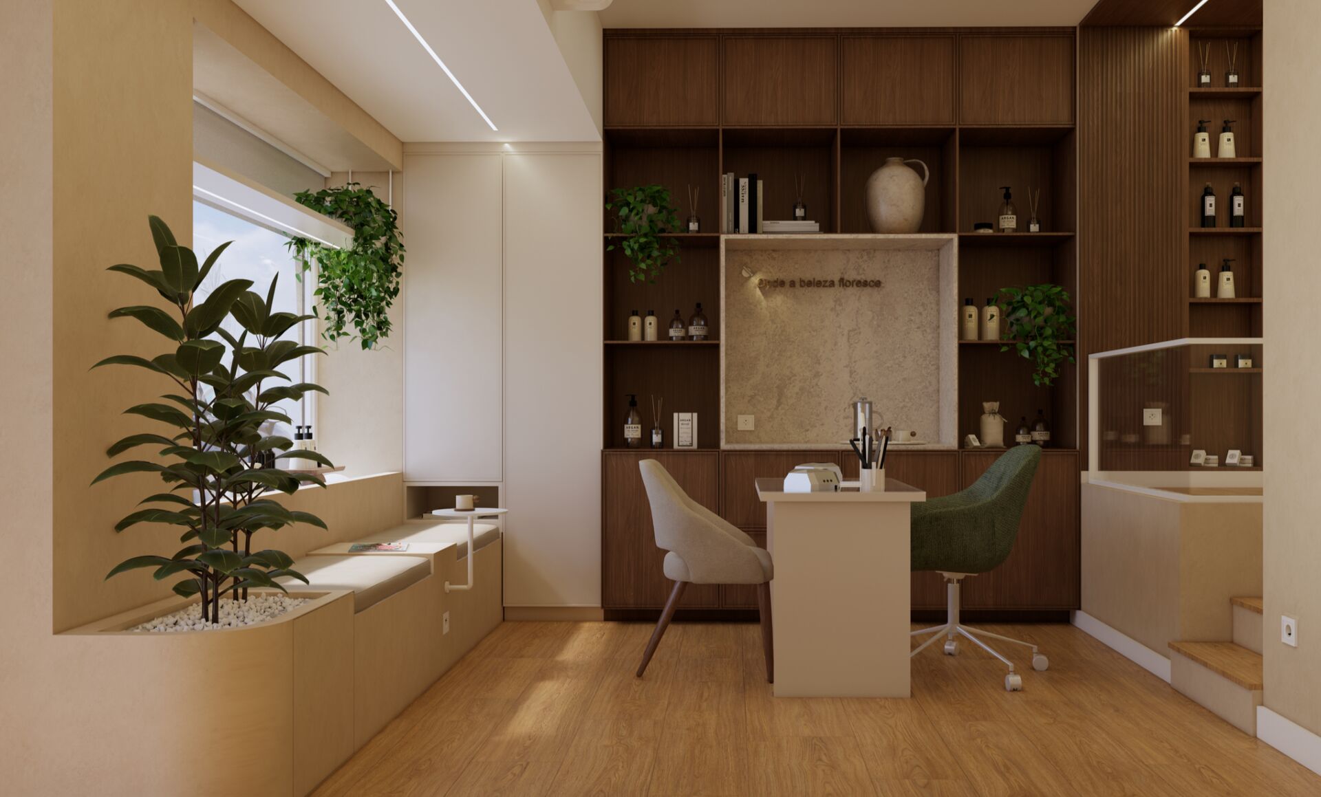Zona de beleza com plantas e prateleiras de produtos